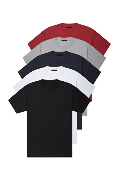 WERRONİ Erkek 5'li Paket Slim Fit Dar Kesim Bisiklet Yaka Basic Beyaz Siyah G...