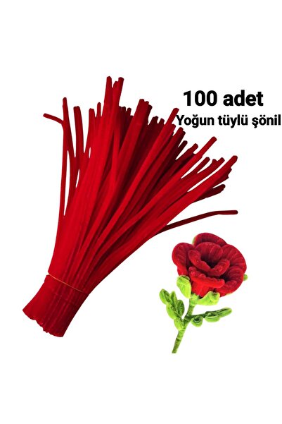 Butik 100 Adet Kırmızı Şönil ,Çiçek Yapımına Uygun Tüylü Tel, 30 Cm 6 Mm
