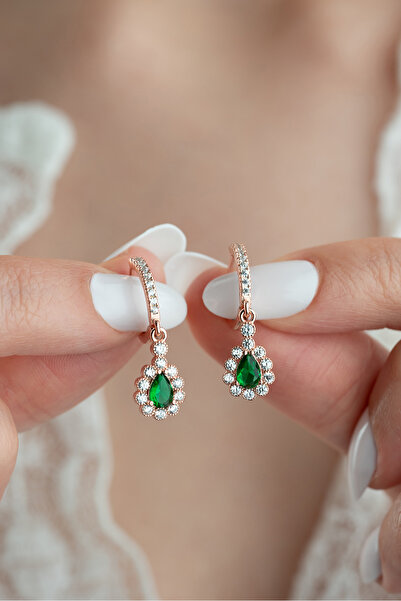 ESSARE 925 Ayar Rose Kaplama Gümüş Zümrüt Taşlı Kadın Küpe