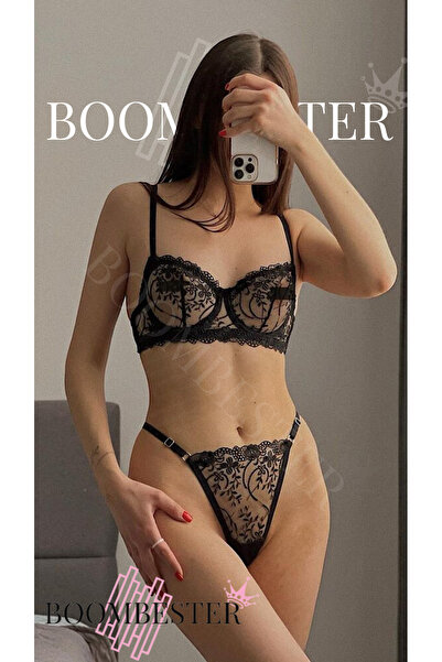 BoomBester Set sutien și chilot negru, din dantelă și tul, brodat, cu armătură.
