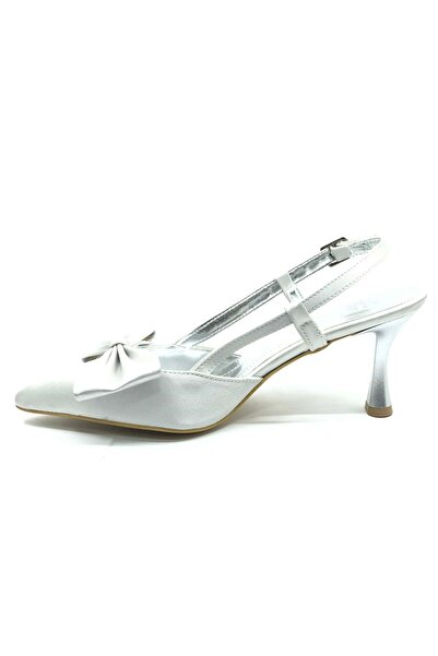 Kocamanlar Ayakkabı Moonlight Ribbon Detailed Open Back Stiletto Women's Heeled Shoes Silver