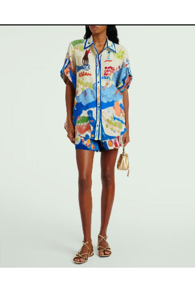 SOFT Summer Theme Printed Linen Shirt Shorts Set 80% Cotton 15% Polyester 5% Elastane