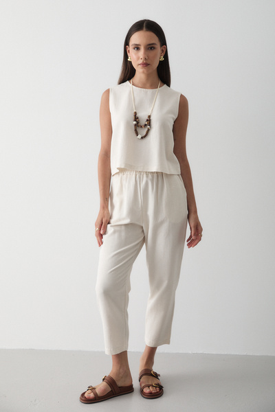 JASTE Kadın Naturel Kolye Detaylı Bluz & Beli Lastikli Pantolon Keten Takım
