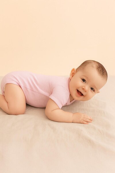 Boumini Pink Striped Cotton Baby Body - Envelope Collar, Short Sleeve