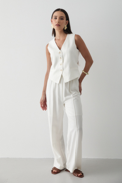 JASTE Γυναικείο λευκό γιλέκο με κουμπιά & παντελόνι Palazzo με ελαστική μέση λινό κοστούμι