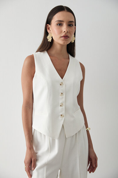 JASTE Γυναικείο λευκό γιλέκο με κουμπιά & παντελόνι Palazzo με ελαστική μέση λινό κοστούμι