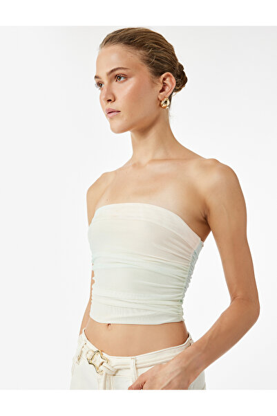 Koton Slim Fit Drape Λεπτομερής Crop Στράπλες Μπλούζα