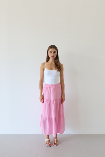 JASTE Women's Pink Layered Gathered Elastic Waist Linen Skirt