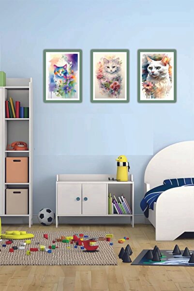 hediyesepetin 3 Parça Çerçeve Görünümlü Mdf Tablo Seti Çiçek Kedi Tablo