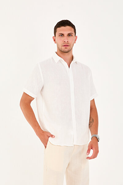 No Way Cămașă pentru bărbați cu aspect de in, cu mâneci scurte, fără buzunare