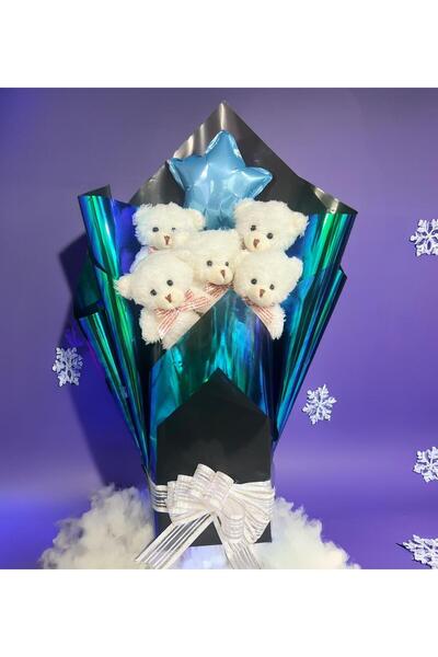 Sole White Plush Teddy Bear Bouquet in Premium Star Balloon, Hologram Presentation
