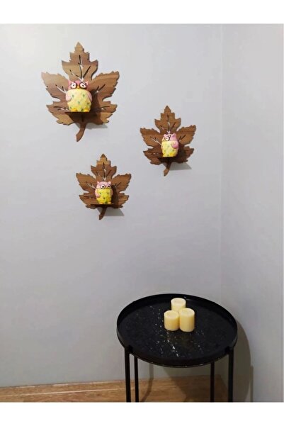 hediyesepetin 3lü Ahşap Duvar Süsü Rafı Çınar Yaprağı Mumluk