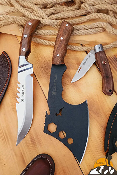 Castle Outdoor Balta Kamp Piknik Çakısı Şef Bıçağı Ceviz Ağaç Ahşap Sap Kılıf...