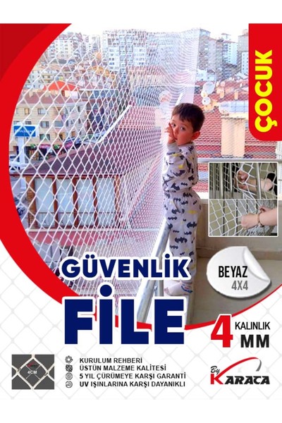 KARACAFİLE Çocuk Balkon Güvenlik Filesi 3x8 Mt 4mm İp Kalınlığı 4x4 Gözenekli...