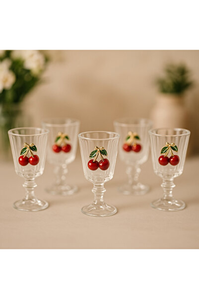 YzHome 6 Lı Kristal Cam Kahve Yanı Bardağı Kiraz Bardak Kirazlı Flüt 75ml
