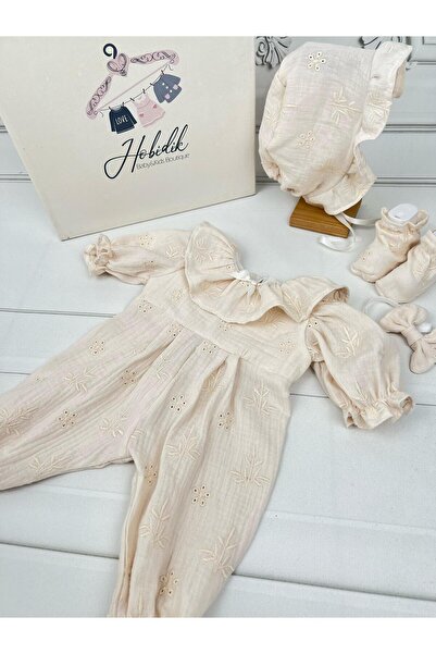 Hobidik Baby Girl Ruffle Collar Cream Scalloped Double Layer Muslin Jumpsuit