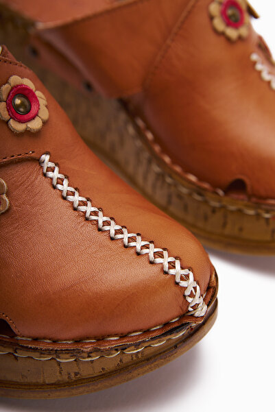 Limoya Genuine Leather Alto Tan Wedge Women's Slippers Antique Sole Comfort Women's Slippers