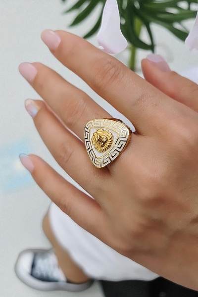 Utku Kuyumculuk 22 AYAR İTALYAN MODEL BEYAZ MİNELİ GREK DESEN ASLANBAŞI TASARIM ALTIN YÜZÜK