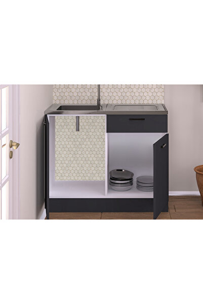 Fly Mobilya 100 Cm Emıly Mutfak Antrasit Evyeli Alt Modül ,mini Hazır Mutfak Dolabı Alt Modülü