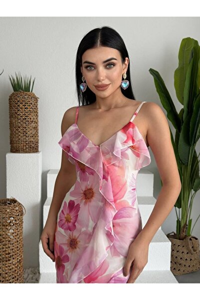 Auralis Studio Fırfırlı Pembe Çiçekli Desenli Midi Elbise