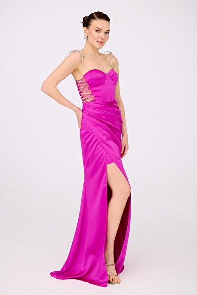 Carmen Fuşya Saten Bağlamalı Uzun Abiye Elbise ve Davet Elbisesi