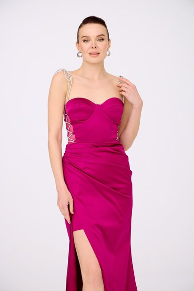 Carmen Mürdüm Bağlamalı Saten Abiye Elbise