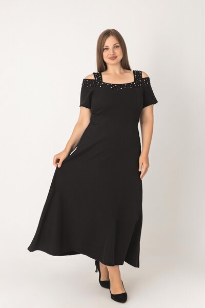 EGZEBRU Women's Black Shoulder Window Square Neck Plus Size Evening Dress