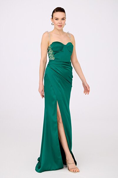 Carmen Zümrüt Bağlamalı Saten Abiye Elbise