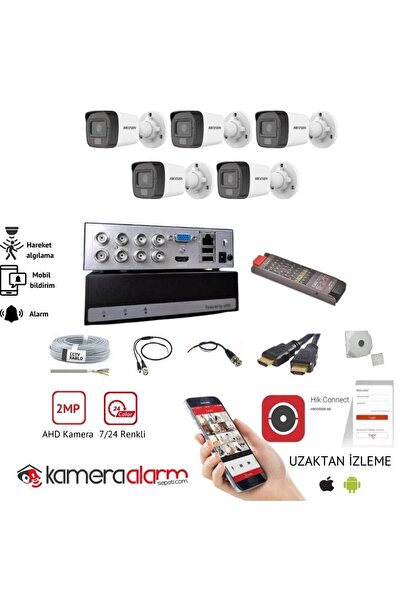 Hikvision 5 Kameralı, Gece Gündüz Renkli AHD Güvenlik Kamerası Seti - Uzaktan izleme