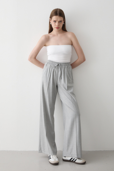JASTE Women's Gray Elastic Waist Wide Leg Palazzo Trousers