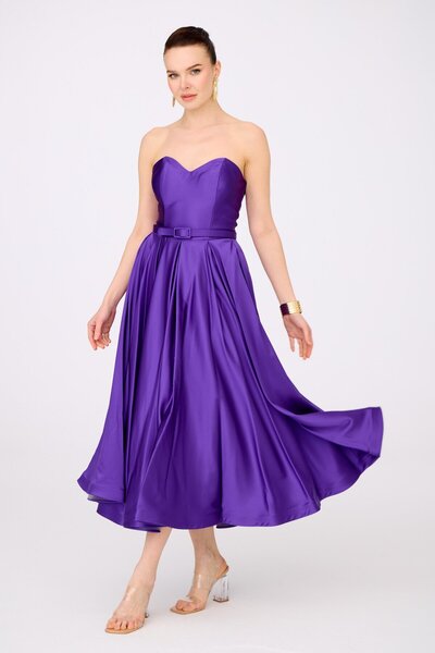 Carmen Mor Saten Straplez Midi Söz Elbisesi ve Nişan Elbisesi