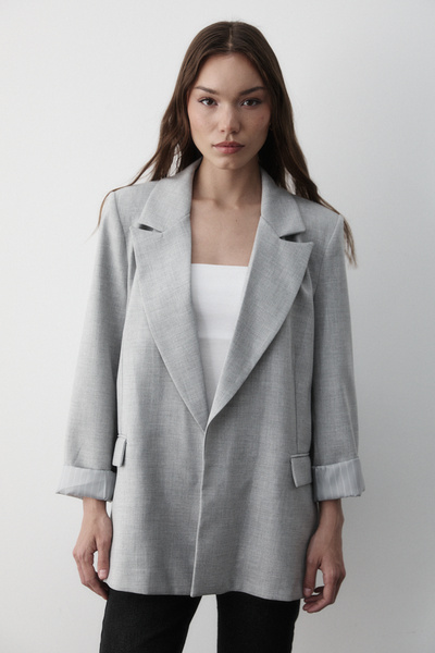 JASTE Women's Gray Striped Lined Sleeve Detailed Blazer Jacket