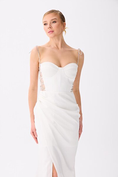 Carmen Ecru saténové dlouhé večerní šaty a svatební šaty