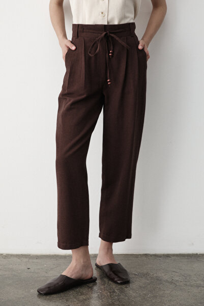 JASTE Kadın Kahverengi Yüksel Bel Boncuklu Bağcıklı Keten Pantolon