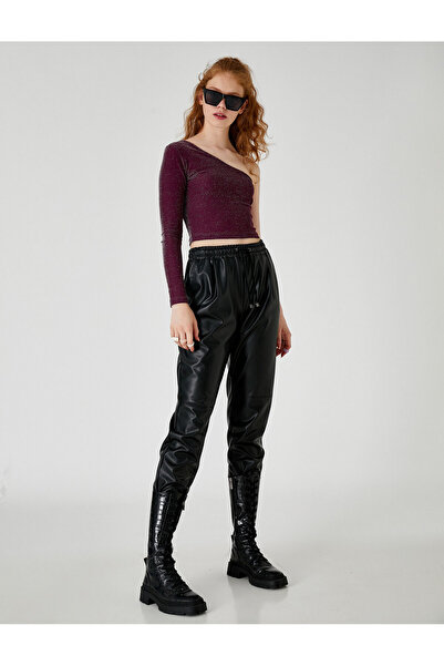 Koton One Shoulder T-Shirt Crop Glitter μακρυμάνικο