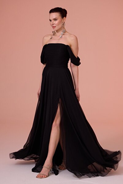 Carmen Černé šifonové dlouhé večerní šaty s nízkým rukávem