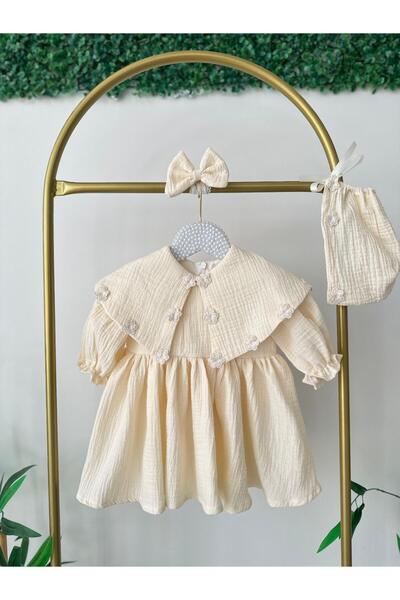 Hobidik Bebek Krem Çift Kat Müslin Çiçekli Mevlüt Elbisesi