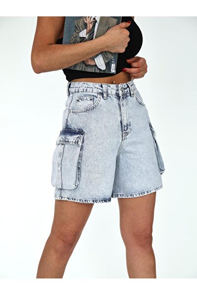 XBELLA DENİM Women's High Waist Cargo Pocket and Clamp Detailed Denim Shorts