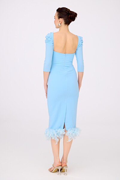 Carmen Mavi Krep Eteği Tüylü Midi Söz Elbisesi