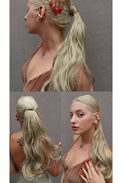 TAKIŞTIR Extensie de păr în formă de coadă de cal, cu velcro, culoare galben cenușă, textura ondulată, păr real