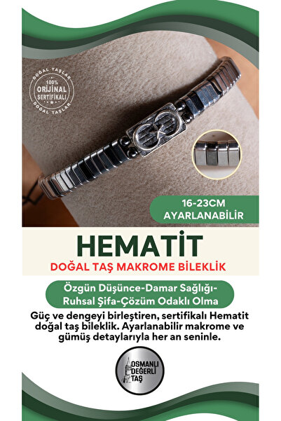 OSMANLI DEĞERLİ TAŞ SERTİFİKALI Hematit Doğal Taş Makrome Ayarlanabilir Gümüş...