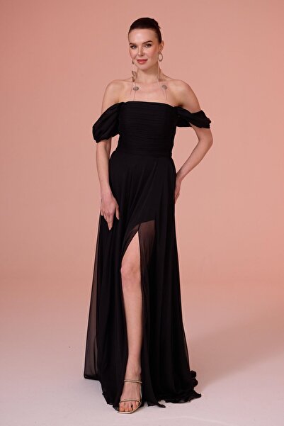 Carmen Černé šifonové dlouhé večerní šaty s nízkým rukávem