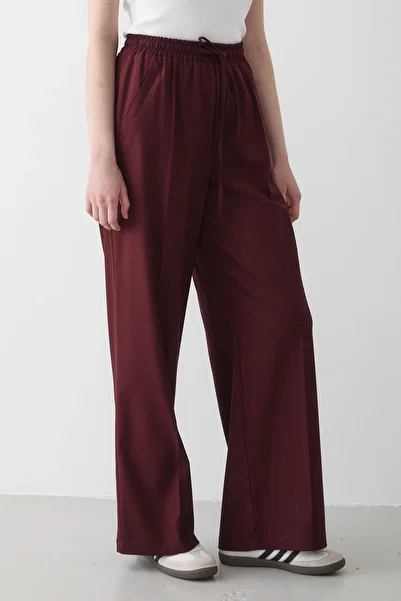 JASTE Women's Burgundy Elastic Waist Wide Leg Palazzo Trousers