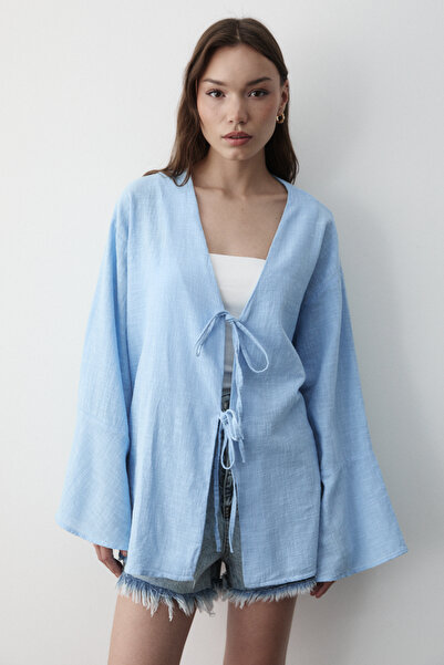 JASTE Γυναικείο μπλε μανίκι νυχτερίδας διπλό δεμένο κιμονό 100% βαμβάκι