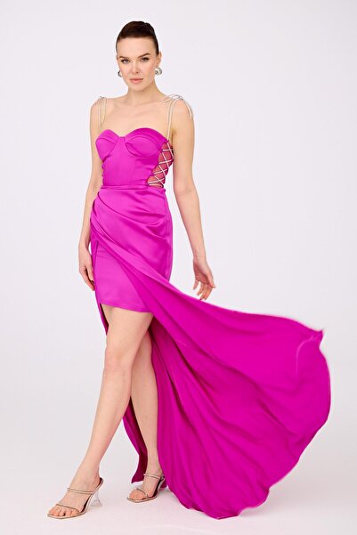 Carmen Fuşya Saten Bağlamalı Uzun Abiye Elbise ve Davet Elbisesi