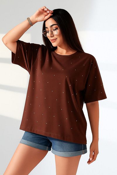 Curly Brown Jewelled Boat Neck T-shirt