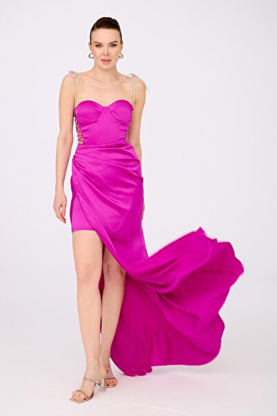 Carmen Fuşya Saten Bağlamalı Uzun Abiye Elbise ve Davet Elbisesi