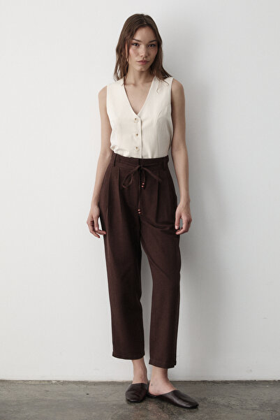 JASTE Women's Brown High Waist Beaded Lace-Up Linen Trousers