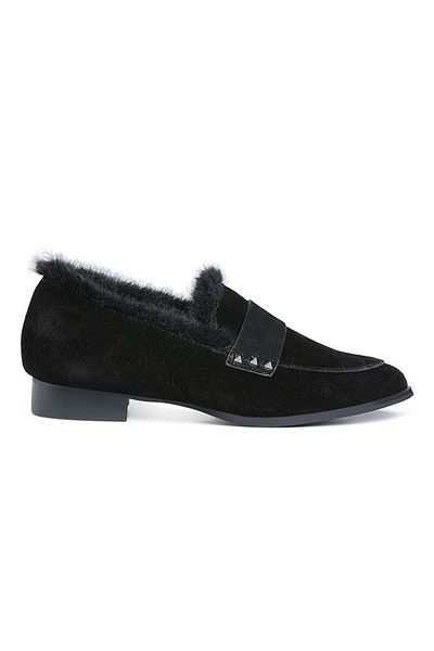 london Rag Women Fur Trim Suede Loafers in Black