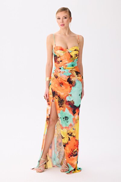 Carmen Orange Askılı Yırtmaçlı Empirme Saten Abiye Elbise